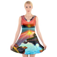 Sunset Over A Lake V-neck Sleeveless Dress by GardenOfOphir