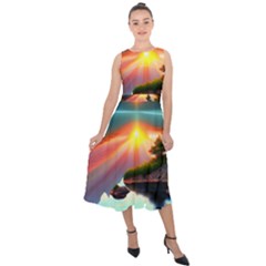 Sunset Over A Lake Midi Tie-back Chiffon Dress by GardenOfOphir