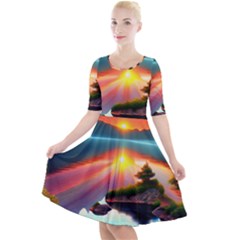 Sunset Over A Lake Quarter Sleeve A-line Dress by GardenOfOphir