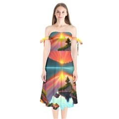 Sunset Over A Lake Shoulder Tie Bardot Midi Dress by GardenOfOphir