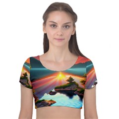 Sunset Over A Lake Velvet Short Sleeve Crop Top  by GardenOfOphir