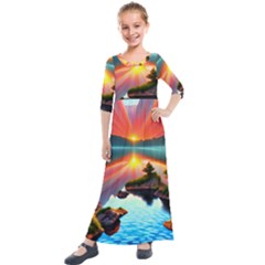 Sunset Over A Lake Kids  Quarter Sleeve Maxi Dress by GardenOfOphir