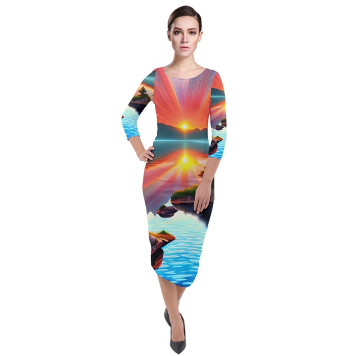 Sunset Over A Lake Quarter Sleeve Midi Velour Bodycon Dress