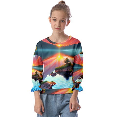 Sunset Over A Lake Kids  Cuff Sleeve Top by GardenOfOphir