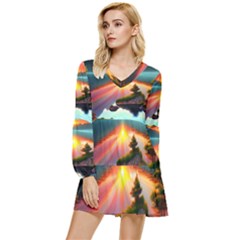 Sunset Over A Lake Tiered Long Sleeve Mini Dress by GardenOfOphir