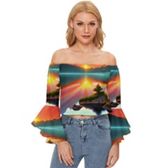 Sunset Over A Lake Off Shoulder Flutter Bell Sleeve Top by GardenOfOphir