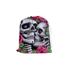 Black Skulls Red Roses Drawstring Pouch (medium) by GardenOfOphir