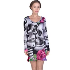 Black Skulls Red Roses Long Sleeve Nightdress by GardenOfOphir