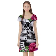 Black Skulls Red Roses Short Sleeve Skater Dress by GardenOfOphir