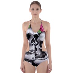 Black Skulls Red Roses Cut-out One Piece Swimsuit by GardenOfOphir