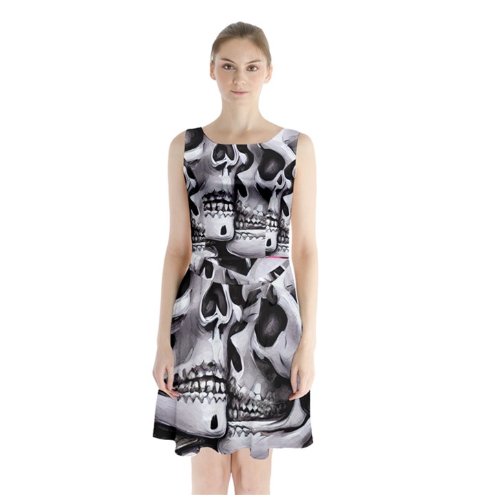 Black Skulls Red Roses Sleeveless Waist Tie Chiffon Dress