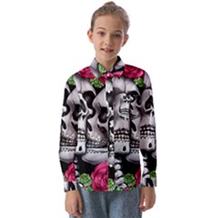 Black Skulls Red Roses Kids  Long Sleeve Shirt by GardenOfOphir