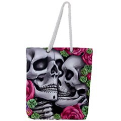 Black Skulls Red Roses Full Print Rope Handle Tote (large) by GardenOfOphir