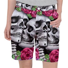 Black Skulls Red Roses Pocket Shorts by GardenOfOphir