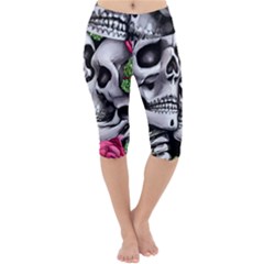 Black Skulls Red Roses Lightweight Velour Cropped Yoga Leggings by GardenOfOphir