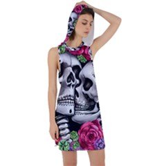 Black Skulls Red Roses Racer Back Hoodie Dress by GardenOfOphir