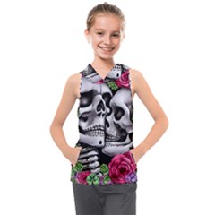 Black Skulls Red Roses Kids  Sleeveless Hoodie by GardenOfOphir