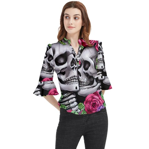 Black Skulls Red Roses Loose Horn Sleeve Chiffon Blouse by GardenOfOphir