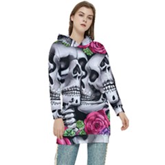 Black Skulls Red Roses Women s Long Oversized Pullover Hoodie by GardenOfOphir