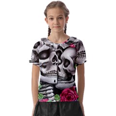 Black Skulls Red Roses Kids  Frill Chiffon Blouse by GardenOfOphir