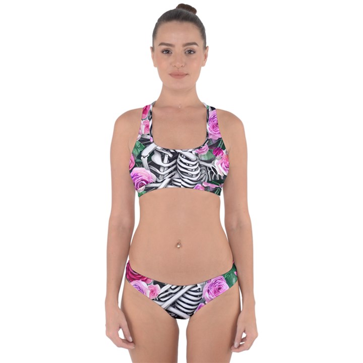 Floral Skeletons Cross Back Hipster Bikini Set