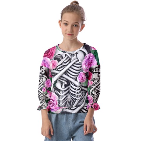 Floral Skeletons Kids  Cuff Sleeve Top by GardenOfOphir