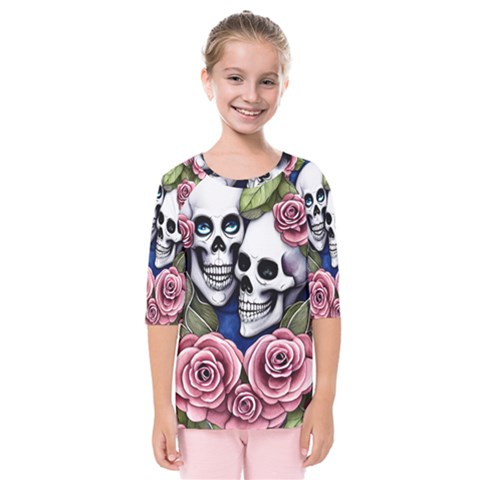 Skulls And Flowers Kids  Quarter Sleeve Raglan Tee by GardenOfOphir