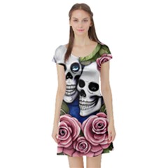 Skulls And Flowers Short Sleeve Skater Dress by GardenOfOphir