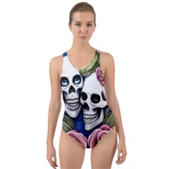 Skulls And Flowers Cut-out Back One Piece Swimsuit by GardenOfOphir