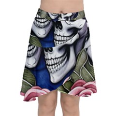 Skulls And Flowers Chiffon Wrap Front Skirt by GardenOfOphir