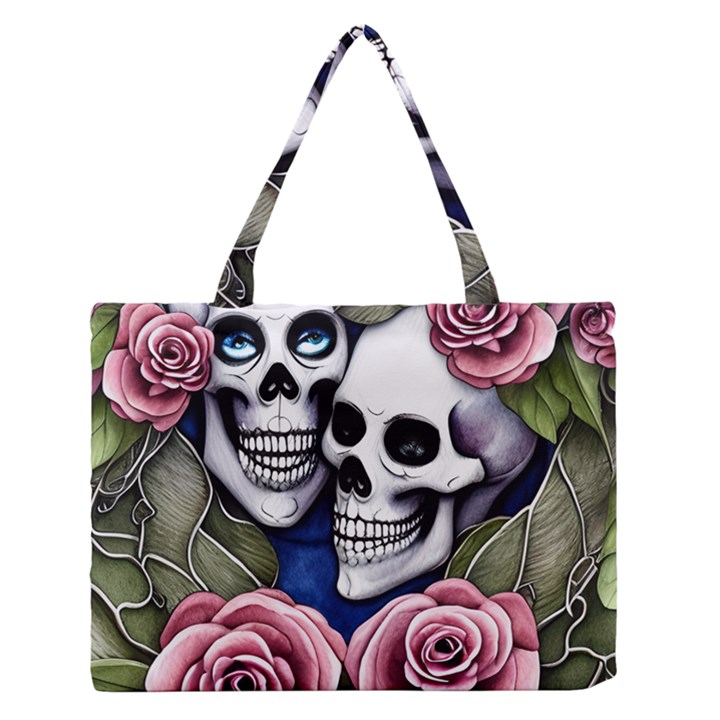 Skulls and Flowers Zipper Medium Tote Bag