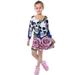 Skulls And Flowers Kids  Long Sleeve Velvet Dress by GardenOfOphir