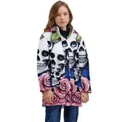 Skulls And Flowers Kid s Hooded Longline Puffer Jacket by GardenOfOphir