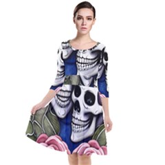 Skulls And Flowers Quarter Sleeve Waist Band Dress by GardenOfOphir