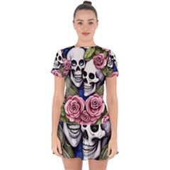 Skulls And Flowers Drop Hem Mini Chiffon Dress by GardenOfOphir