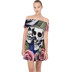 Skulls And Flowers Off Shoulder Chiffon Dress by GardenOfOphir