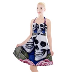 Skulls And Flowers Halter Party Swing Dress  by GardenOfOphir