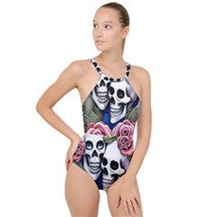 Skulls And Flowers High Neck One Piece Swimsuit by GardenOfOphir