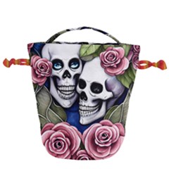 Skulls And Flowers Drawstring Bucket Bag by GardenOfOphir