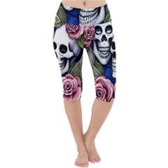 Skulls And Flowers Lightweight Velour Cropped Yoga Leggings by GardenOfOphir