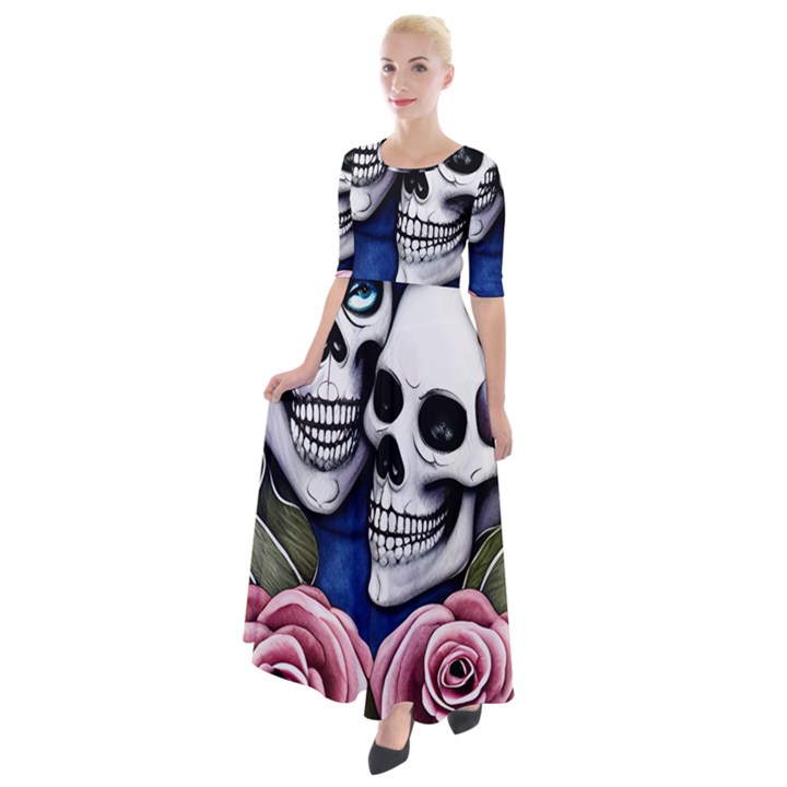 Skulls and Flowers Half Sleeves Maxi Dress