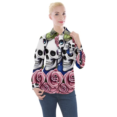 Skulls And Flowers Women s Long Sleeve Pocket Shirt by GardenOfOphir