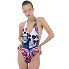 Skulls And Flowers Backless Halter One Piece Swimsuit by GardenOfOphir