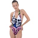 Skulls and Flowers Backless Halter One Piece Swimsuit View1