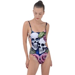 Skulls And Flowers Tie Strap One Piece Swimsuit by GardenOfOphir