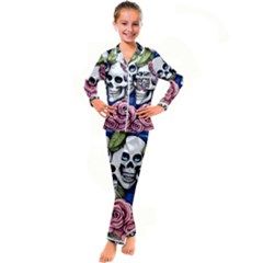 Skulls And Flowers Kid s Satin Long Sleeve Pajamas Set by GardenOfOphir