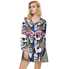 Skulls And Flowers Tiered Long Sleeve Mini Dress by GardenOfOphir