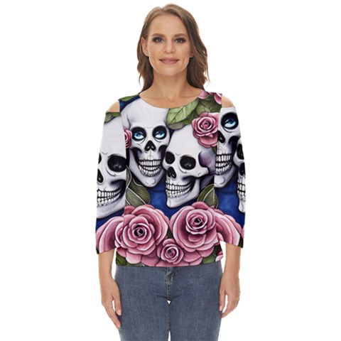 Skulls And Flowers Cut Out Wide Sleeve Top by GardenOfOphir