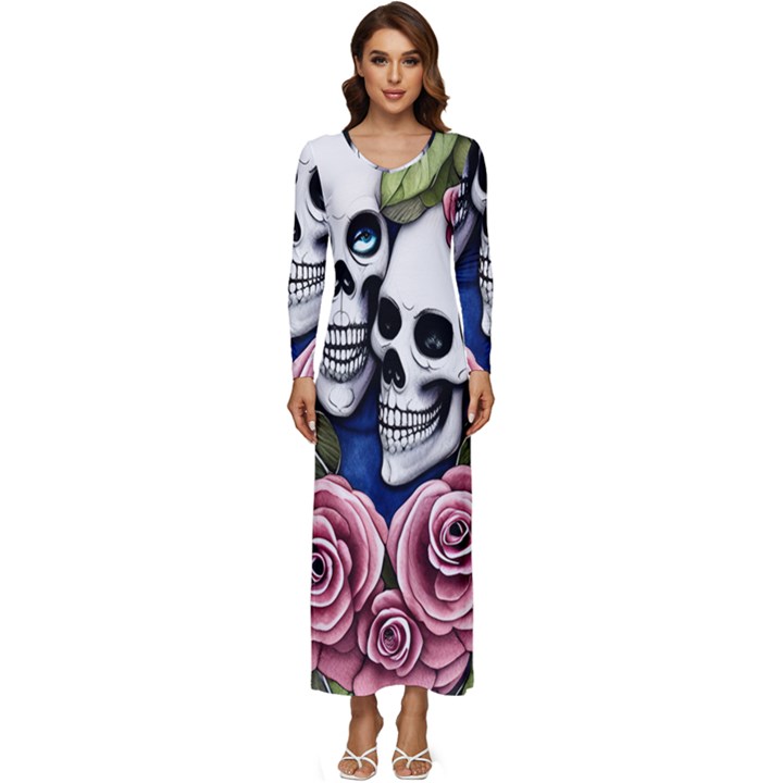 Skulls and Flowers Long Sleeve Velour Longline Maxi Dress