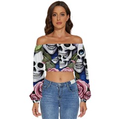 Skulls And Flowers Long Sleeve Crinkled Weave Crop Top by GardenOfOphir